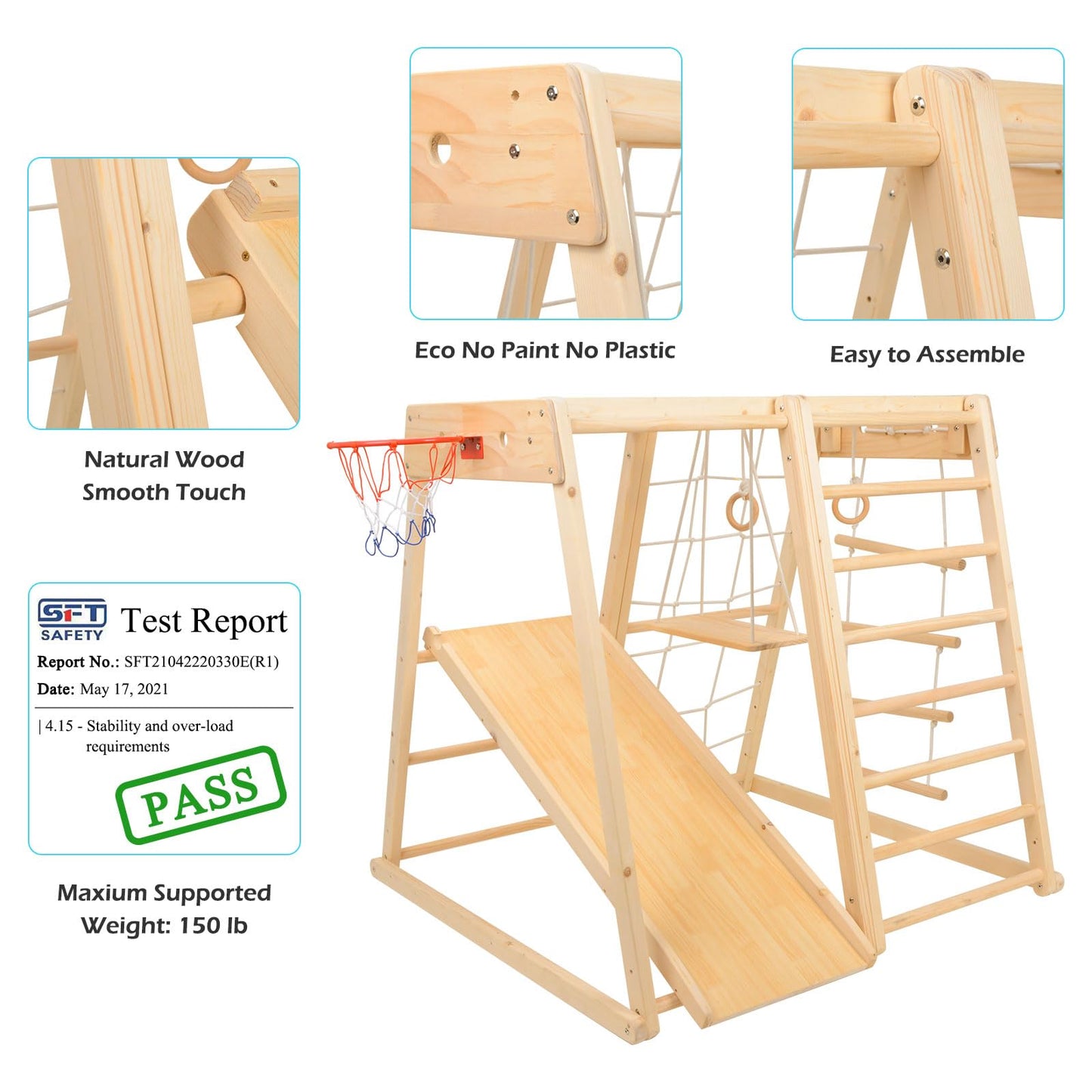 Indoor Playground, Jungle Gym,Toddler Montessori Wood Playset 9-in-1 with Slide, Basketball, Swing, Swedish Ladder, Monkey Bars, Rope Ladder, Rock Wall Dome for Kid Ages 1-6 New