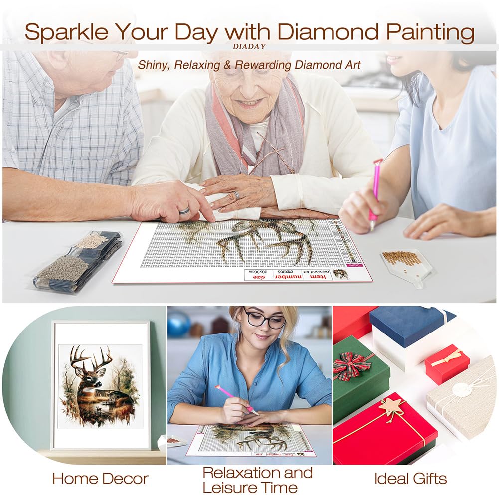 DIADAY Diamond Painting Kits Deer, DIY Diamond Art Kits for Adults Beginners, 5D Full Drill Round Gem Art Diamond Dots Craft Home Wall Decor Gift 12 x 12 Inches DIADAY