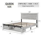 SAMTRA Wooden Queen Size Bed Frame with Headboard, Boho White Farmhouse Storage Bedframe with Sliding Barn Door Footboard and Charging Station, Wood Slats, No Box Spring Needed SAMTRA