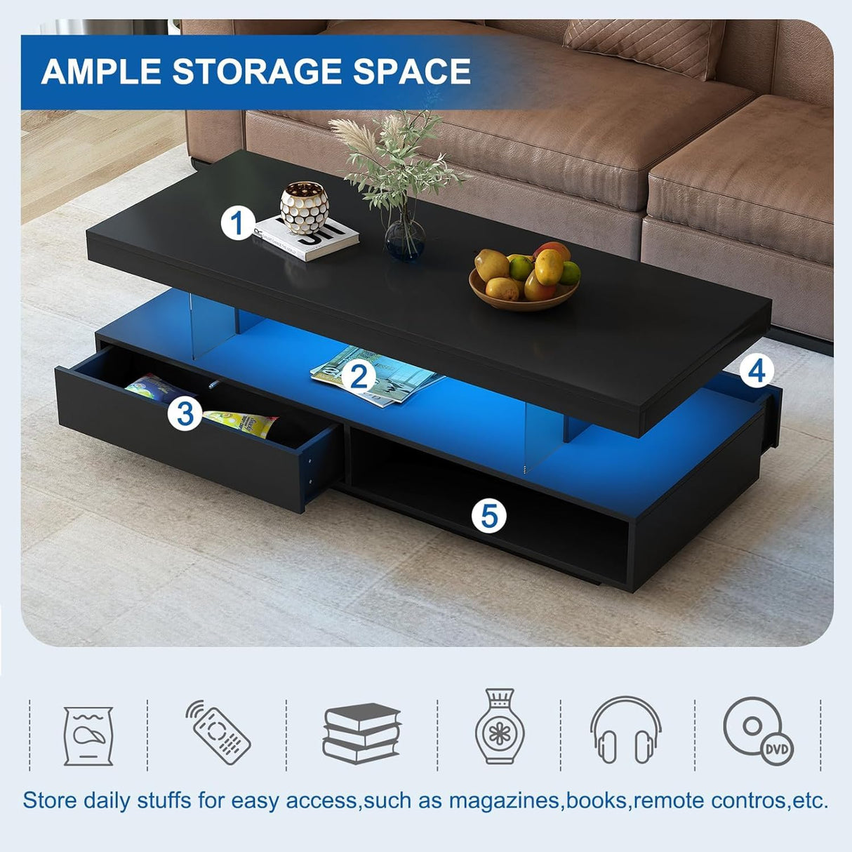 realglow LED Coffee Table with Storage, High Glossy LED Coffee Tables for Living Room, Center Table with Open Display Shelf & Sliding Drawers, (Black) realglow