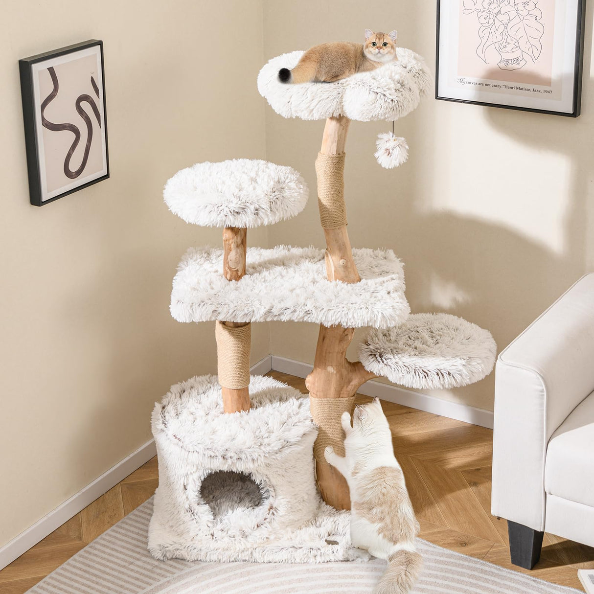 Tangkula Modern Cat Tree, 53 Inch Tall Natural Branch Wooden Cat Tower with Jute Scratching Posts, Plush Perch, Condo, Aesthetic Luxury Solid Wood Flower Cat Tree for Indoor Cats Large Adult (White) Tangkula