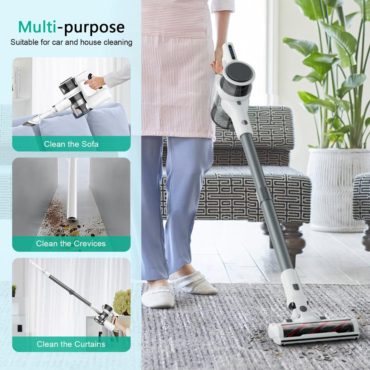 Cordless Vacuum Cleaner, 80,000 RPM Motor and Power Filtration, Stick Vacuum with 2200 mAh Battery, 35 Mins Worktime, 2 Modes, Rotated Multi-Heads, Height-Adjustable Vacuum for Home (Gray Paloma) Comvtu