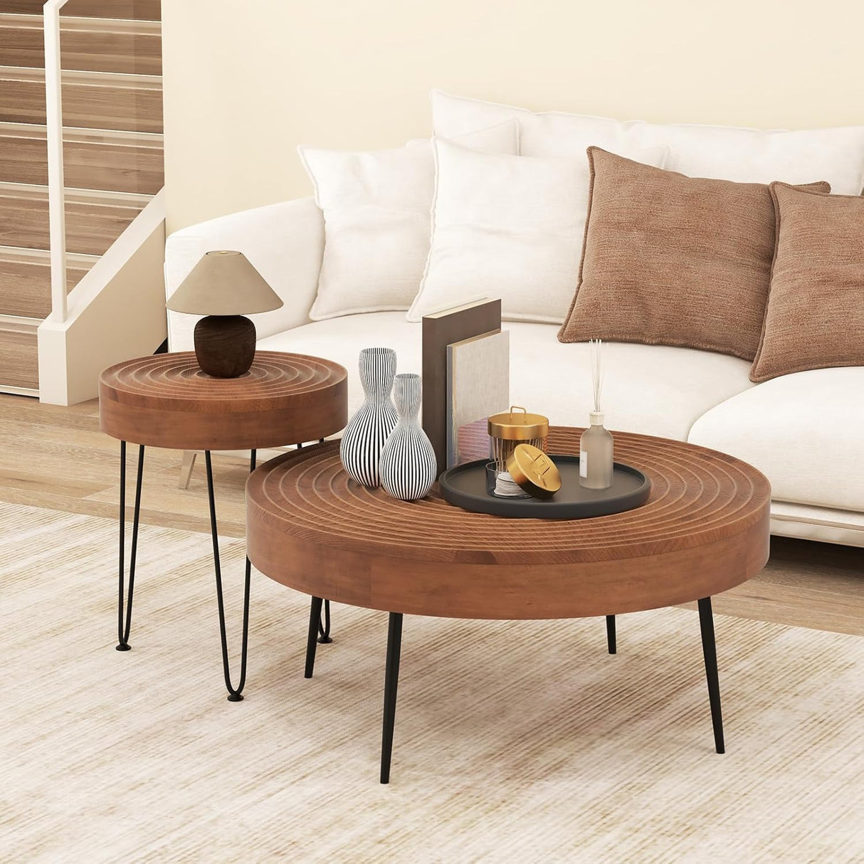 Giantex Boho Round Coffee Table Set of 2, Sofa Side Nesting Table with Solid Pine Wood Top, Metal Legs & Adjustable Foot Pads, 31.5" D Large Table Set for Living Room (Ring Pattern, Brown) Giantex