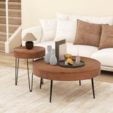 Giantex Boho Round Coffee Table Set of 2, Sofa Side Nesting Table with Solid Pine Wood Top, Metal Legs & Adjustable Foot Pads, 31.5" D Large Table Set for Living Room (Ring Pattern, Brown) Giantex