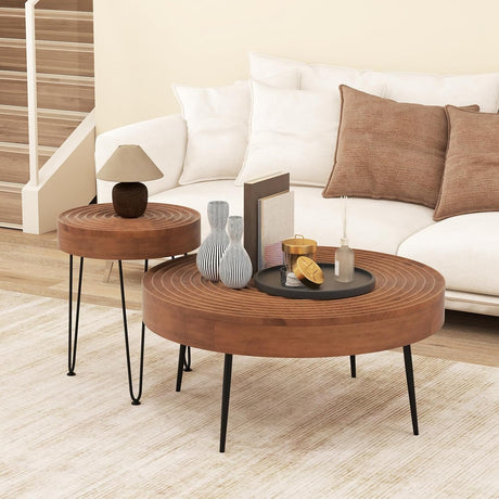 Giantex Boho Round Coffee Table Set of 2, Sofa Side Nesting Table with Solid Pine Wood Top, Metal Legs & Adjustable Foot Pads, 31.5" D Large Table Set for Living Room (Ring Pattern, Brown) Giantex