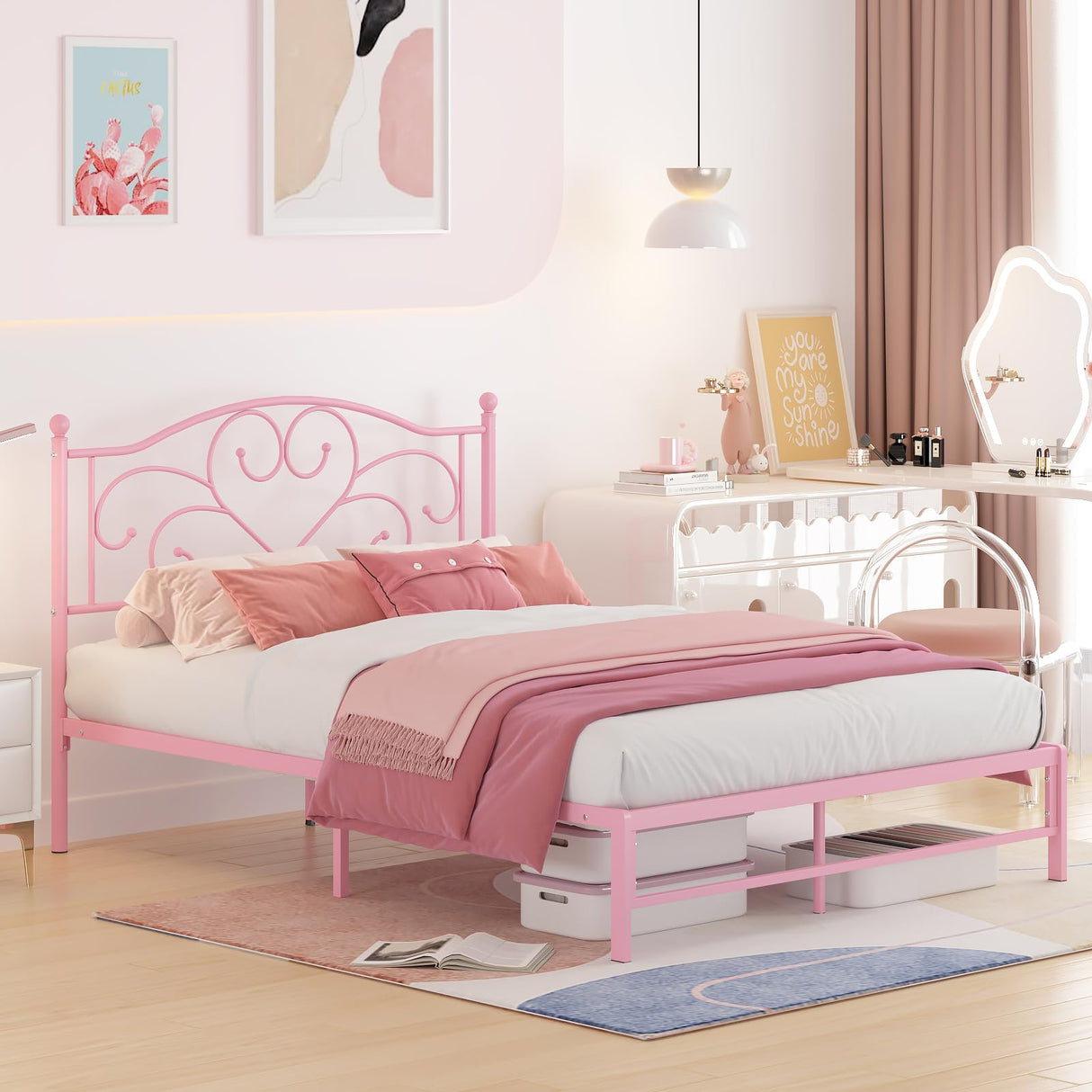 Elephance Full Bed Frame with Headboard Metal Bed Frame Full Size with 11.2" Storage Space No Box Spring Needed Easy Assembly,Pink Elephance
