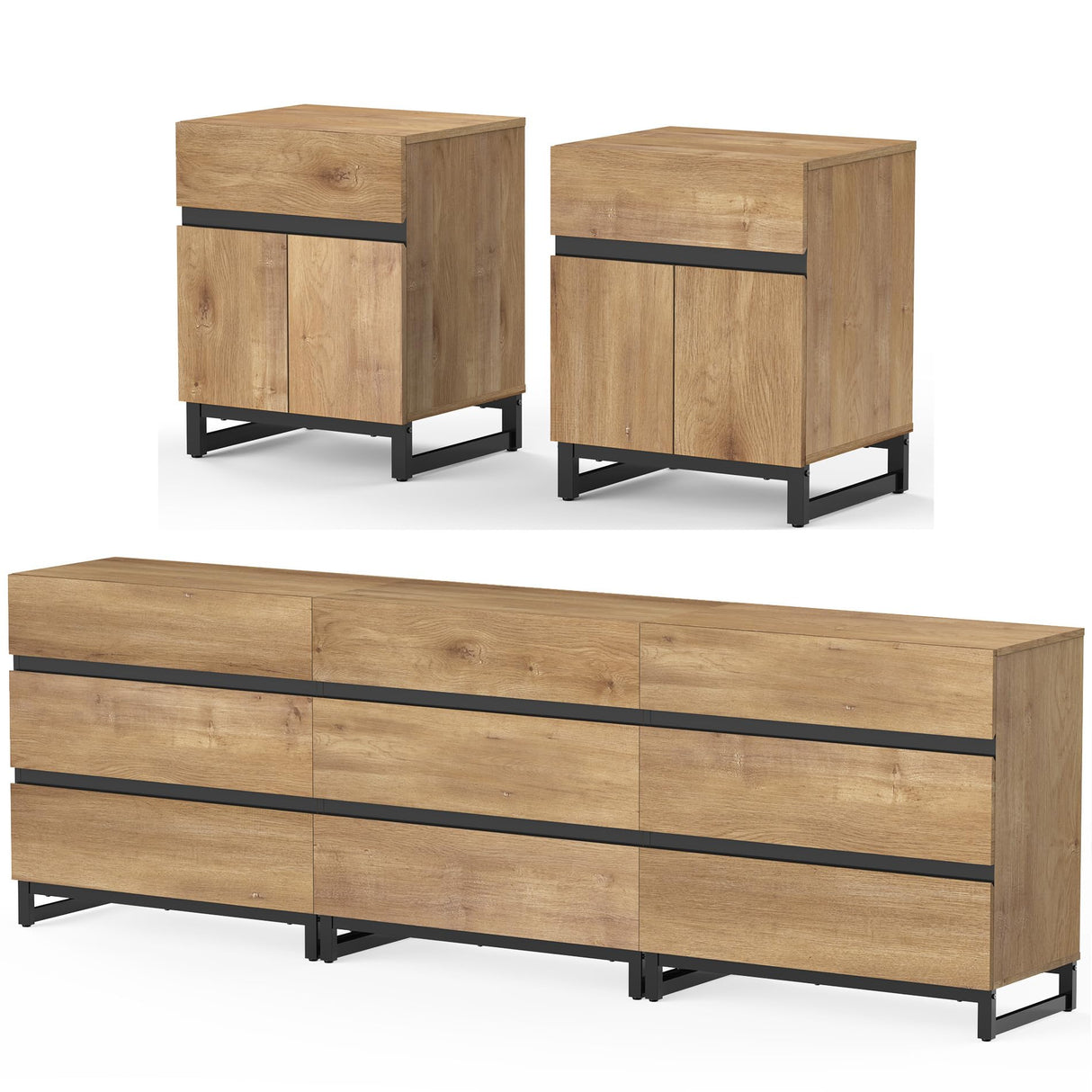 WAMPAT Dresser and Nightstand Set of 3, 94.5 Inches Dresser with 6 Drawers, 2 Nightstand with Drawer and Cabinet for Bedroom, Bedroom Furniture Set, Oak WAMPAT