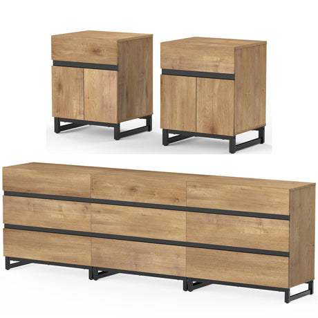 WAMPAT Dresser and Nightstand Set of 3, 94.5 Inches Dresser with 6 Drawers, 2 Nightstand with Drawer and Cabinet for Bedroom, Bedroom Furniture Set, Oak WAMPAT