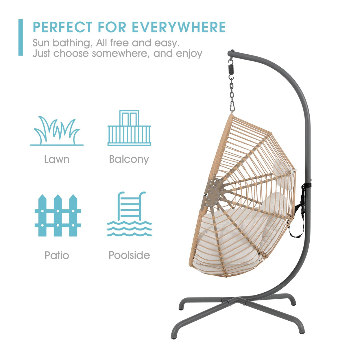 Patiorama Indoor Outdoor Egg Swing Chair with Stand, Oversized Cocoon-Shaped Rope Woven Hanging Chair, Cushion,Safety Strap,Patio Wicker Foldable Hammock Chair for Porch,Garden,Bedroom (Creamy White) Patiorama