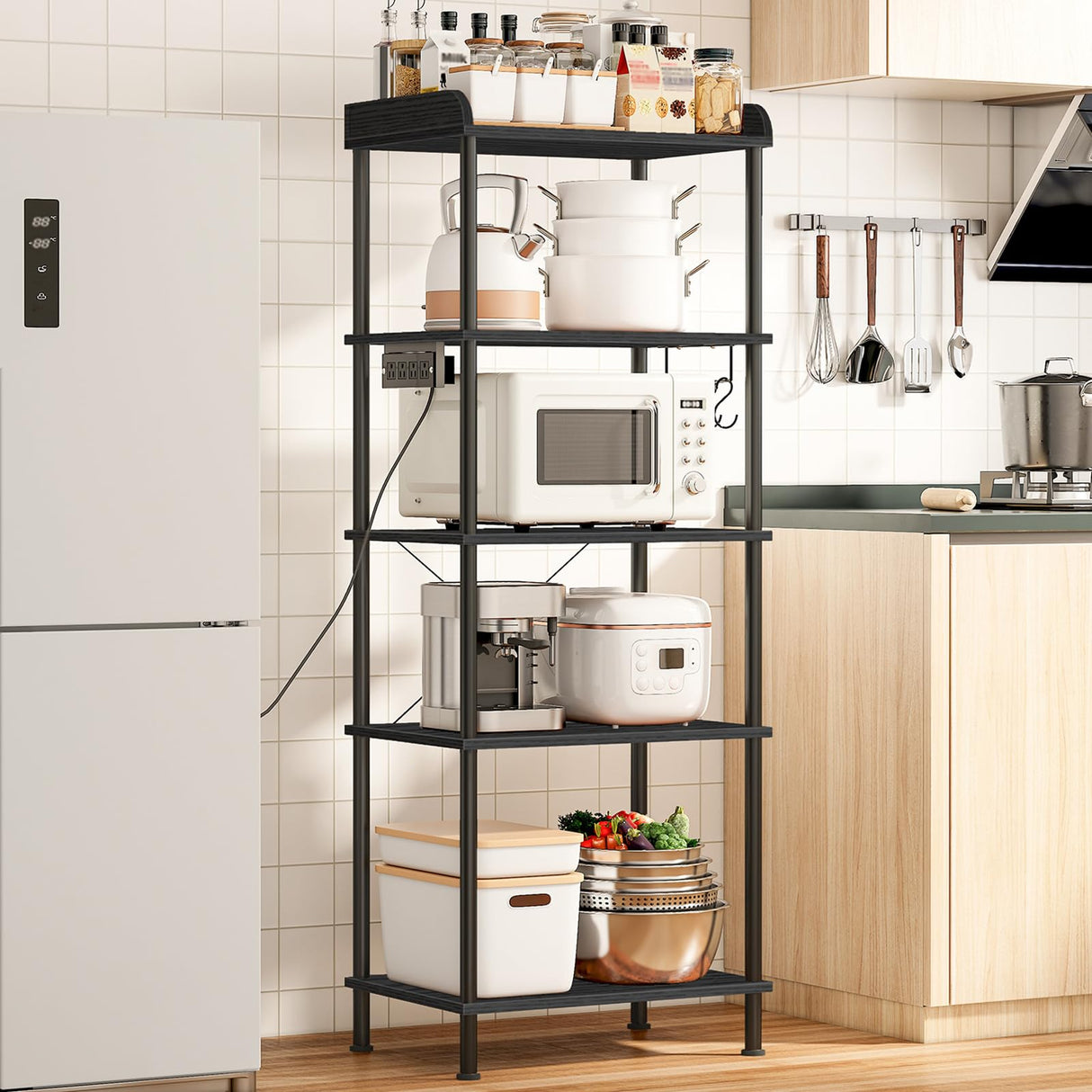 HOOBRO Kitchen Bakers Rack with Power Outlet, 5-Tier Free Standing Kitchen Storage Shelf Rack, Microwave Stand with 4 S-Shaped Hooks, Black BB55UHB01 HOOBRO