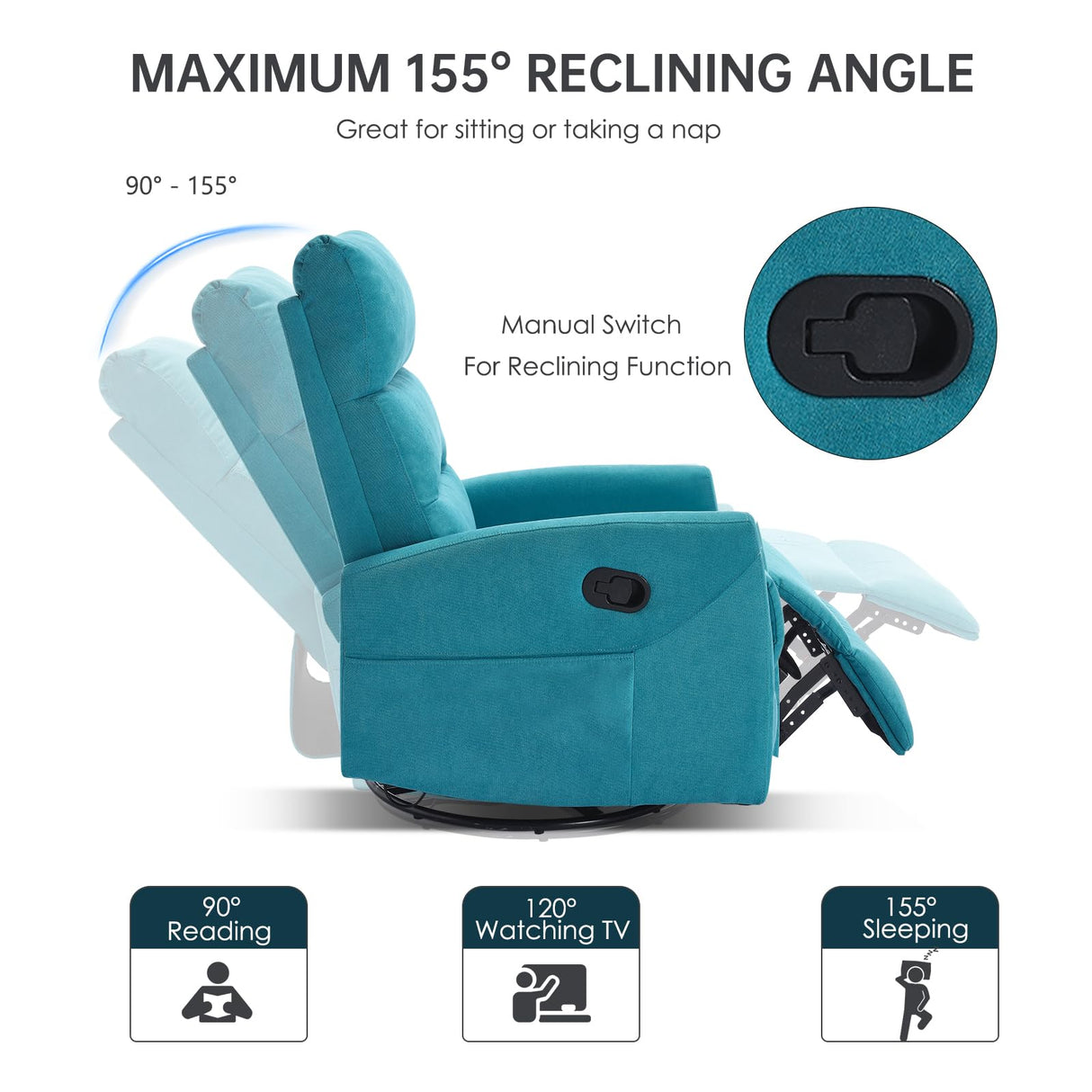 EZZUP 360° Swivel Recliner Chairs for Small Spaces, A Recliner with Side Pockets, Small Rocker Recliner for Living Room, Bedroom, Sky Blue Recliner Chair for Adults EZZUP