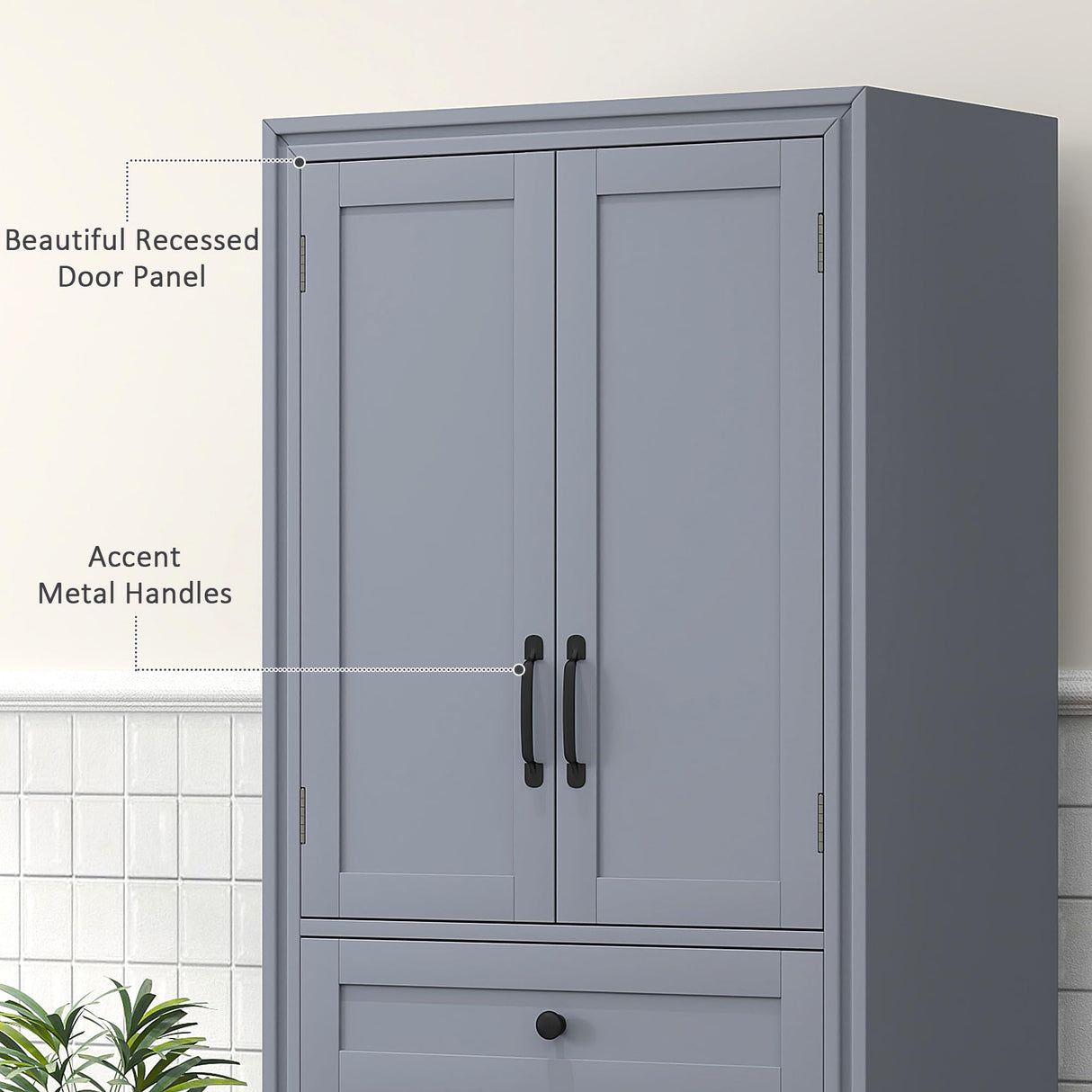 HOMCOM 67" Tall Freestanding Kitchen Pantry Cabinet, 4-Door Storage Cabinet with Drawer and Adjustable Shelves for Dining Room, Gray HOMCOM