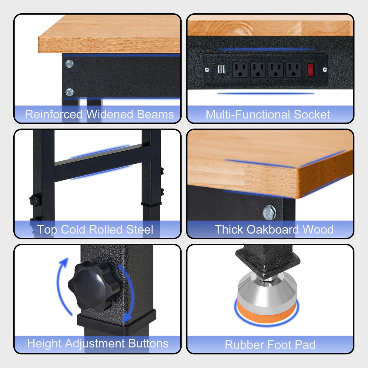 DAKITO 48" Heavy-Duty Workbench Adjustable Work Bench Work Table 2000 LB Load Capacity w/Hardwood Top, Power Outlets, Foot Pads and Metal Frame for Garage, Workshop, Office, Home, Workstation DAKITO