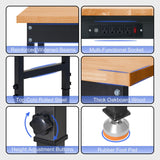 DAKITO 48" Heavy-Duty Workbench Adjustable Work Bench Work Table 2000 LB Load Capacity w/Hardwood Top, Power Outlets, Foot Pads and Metal Frame for Garage, Workshop, Office, Home, Workstation DAKITO