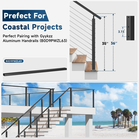 Gyykzz 36" Aluminum Cable Railing Stair Post Perfect for Coastal Projects, 33° Drilled Stair Wire Deck Post for 28-38 Degrees Stair, Black Coating Stair Post for Cable Railing System Outdoor Seaside Gyykzz