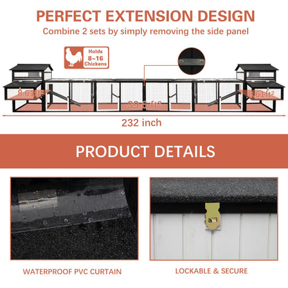 PetsCosset 116"L Extra Large Chicken Coop Wooden Hen House with Run 2 Story Poultry Cage Outdoor Indoor Chicken Houses for 4-8 Chickens 4 Nesting Boxes, 4 Perches, Removable Tray and Ramp, Co - WoodArtSupply