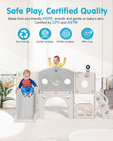 Babytronic Toddler Slide Set, 8 in 1 Kids Slide with Climber, Indoor Outdoor Slide for Toddlers Age 1-3, Toddler Playset with Basketball Hoop and Tunnel, Toddler Indoor Outdoor Playground (White&Gray) Babytronic