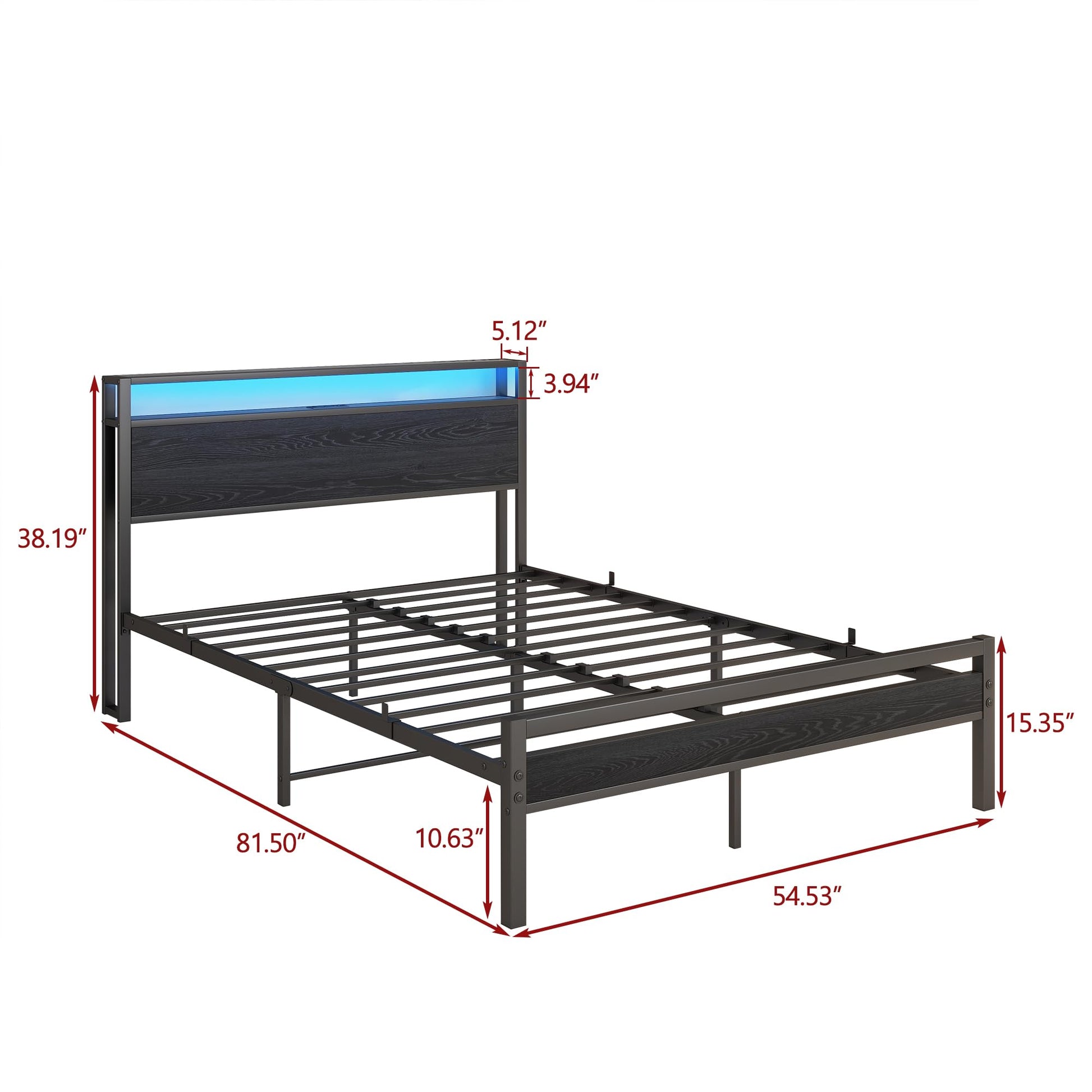 BOFENG Full Size Metal Bed Frame with Storage Headboard, LED Lights, and Charging Station - WoodArtSupply