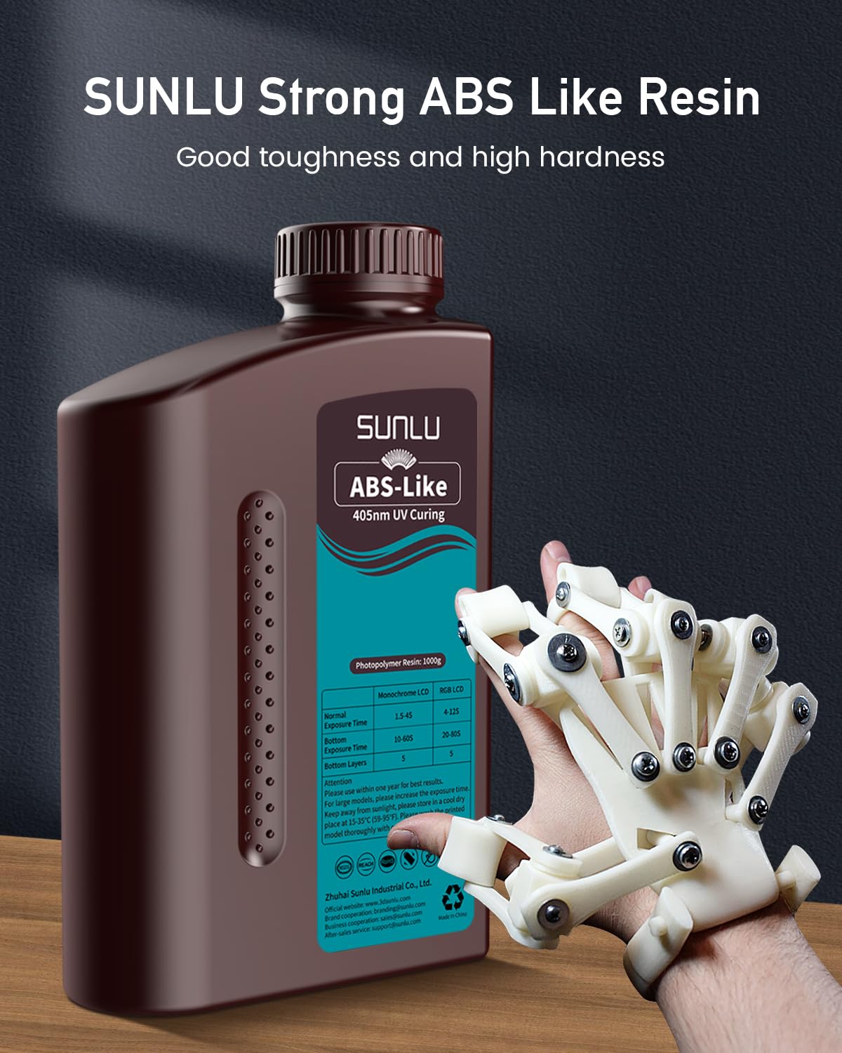 SUNLU ABS Like Resin 1000g, Strong Fast Curing 3D Printer Resin, 395 to 405nm UV Curing 3D Printing Liquid Photopolymer Resin, Non-Brittle and High Precision, 1kg, Grey