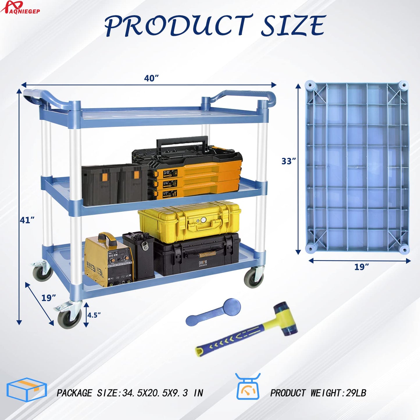 AQNIEGEP Utility Carts with Wheels Rolling Cart Commercial Kitchen Cart Large Food Service Cart Heavy Duty, 600 Lbs Load Capacity, Lockable Wheels, Rubber Hammers - WoodArtSupply