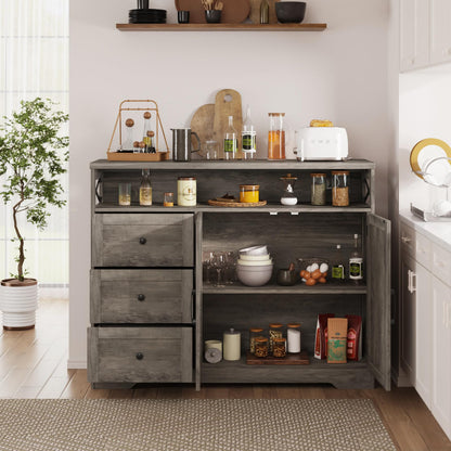 47''W Farmhouse Buffet Sideboard with Charging Station and 3 Drawers, Coffee Bar Cabinet Buffet Cabinet with Shelf, Rustic Accent Cabinet with Storage for Kitchen, Living Dining Room, Rustic Grey