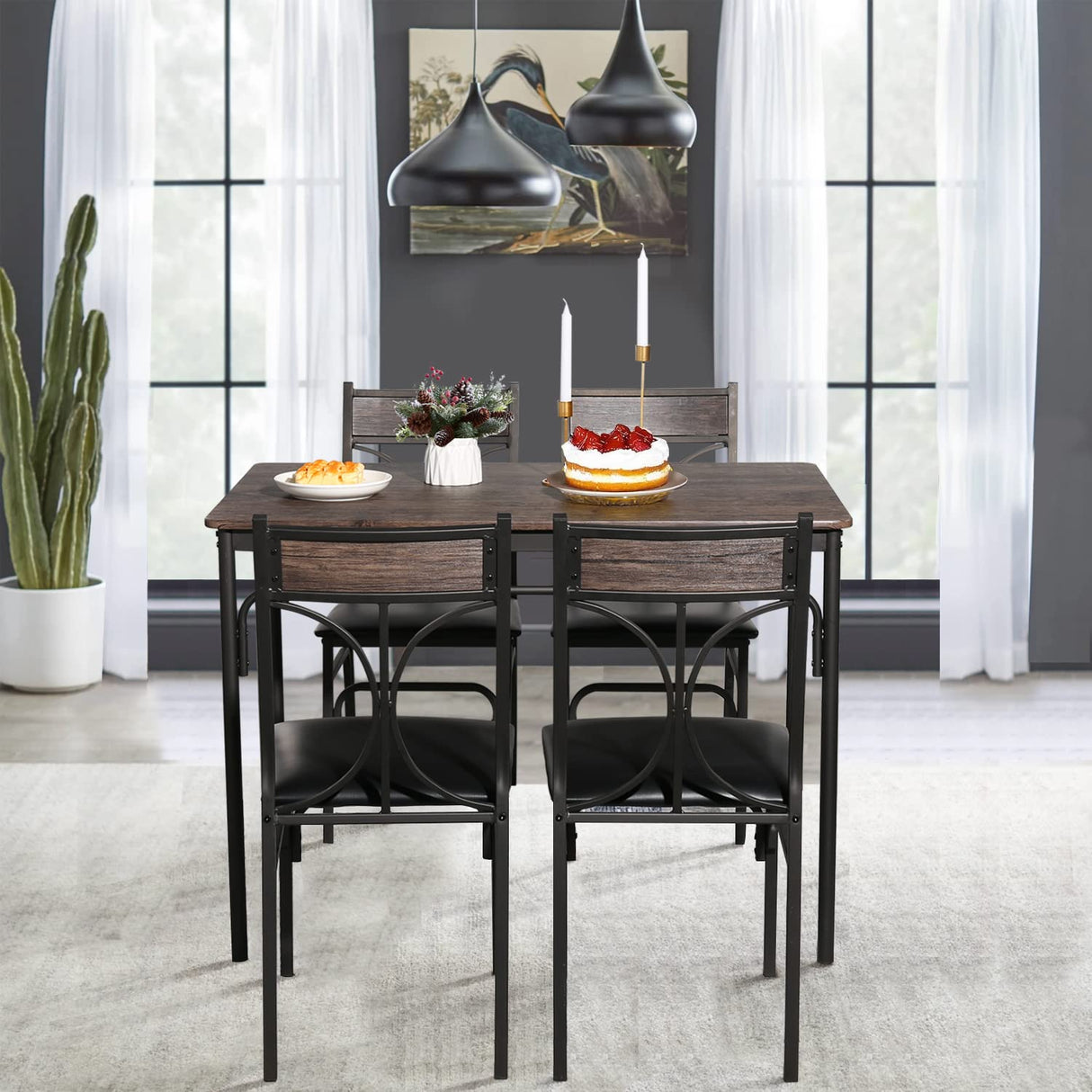 VECELO 5 Piece Kitchen Table Set for Dining Room,Dinette,Breakfast Nook,Industrial Style, Seating for Four, Brown VECELO