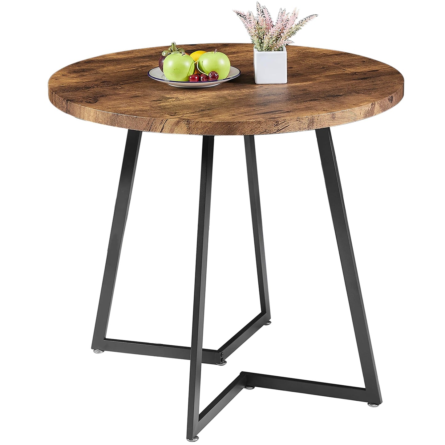 VECELO Round Dining Table with Wood Grain Tabletop and Steel Frame, for Kitchen, Living Room, Office, Conference, 2 to 4 Person, Brown - WoodArtSupply