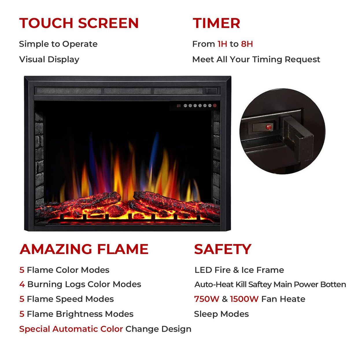 R.W.FLAME 39" Electric Fireplace Insert,Freestanding & Recessed Electric Stove Heater,Touch Screen,Remote Control,750W-1500W with Timer,Colorful Flame Option (39''X27'') R.W.FLAME
