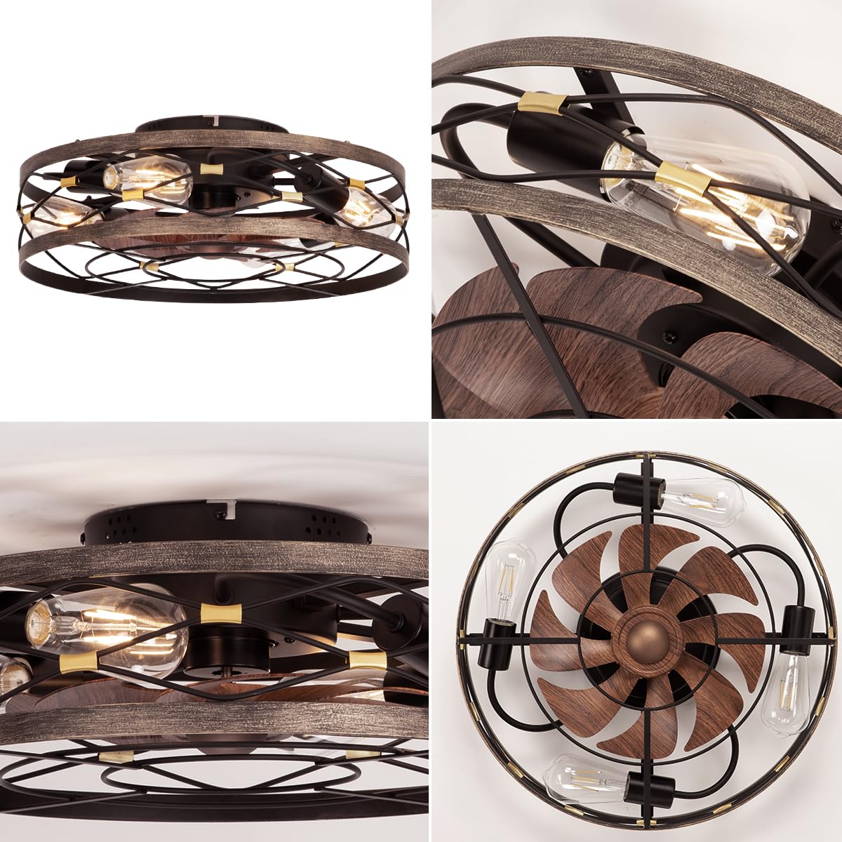 SHLUCE Caged Flush Mount Ceiling Fan with Lights, Farmhouse Rustic Bladeless Ceiling Fans with Lights and Remote, Low Profile Small Fandelier Ceiling Fan with Light for Bedroom, Kitchen, Black SHLUCE