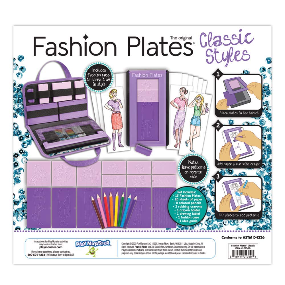 Fashion Plates Classic – Girls Fashion, Mix-and-Match Drawing Kit, Arts and Crafts, Coloring, Art Supplies, Craft Supplies, Stencils, Crayons Included, Create Your Own Fashion Designs, Ages 6+ PlayMonster