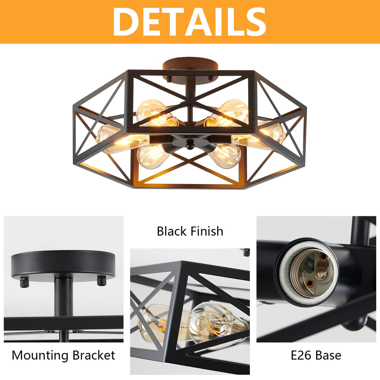 XSDeTu Industrial Semi Flush Mount Ceiling Light, 6 Light Modern Metal Close to Ceiling Light Fixture, Farmhouse Light Fixtures Ceiling Mount, Black Chandelier for Kitchen, Dining Room, Hallway XSDeTu