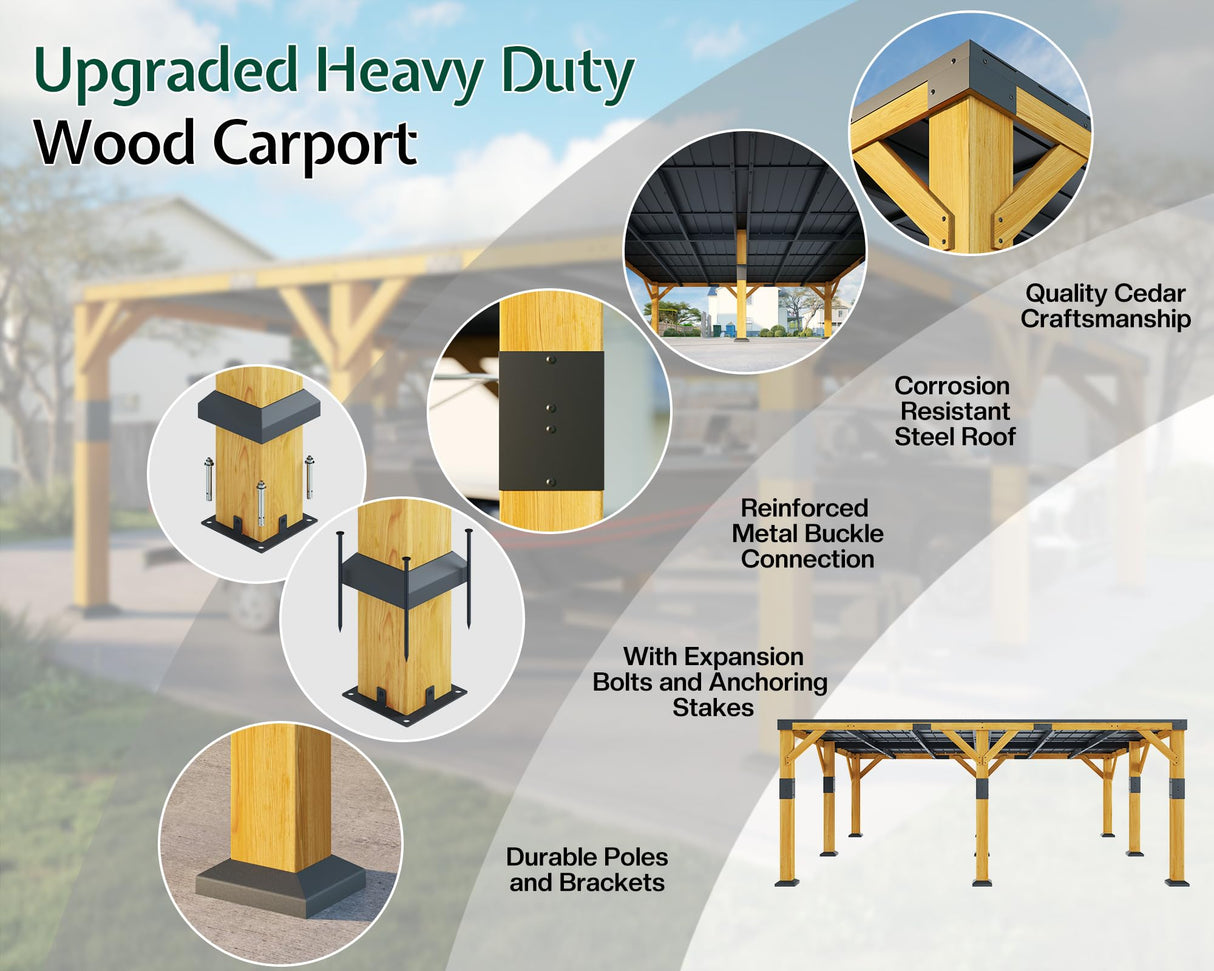 Jocisland 20x20x9.2 FT Cedar Wood Carport with Sloped Galvanized Steel Roof, Heavy Duty Outdoor Shelter for 2 Cars, Trucks, Boats & Tractors, Wind & Snow Resistant Pitch Roof Design Jocisland