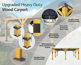 Jocisland 20x20x9.2 FT Cedar Wood Carport with Sloped Galvanized Steel Roof, Heavy Duty Outdoor Shelter for 2 Cars, Trucks, Boats & Tractors, Wind & Snow Resistant Pitch Roof Design Jocisland