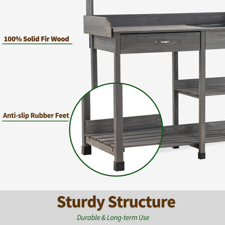 MCombo Potting Bench, Outdoor Garden Potting Table with Dry Sink, Drawer, Storage Shelves, Natural Wooden Work Station for Patio, Backyard and Porch 0458 (Grey) MCombo