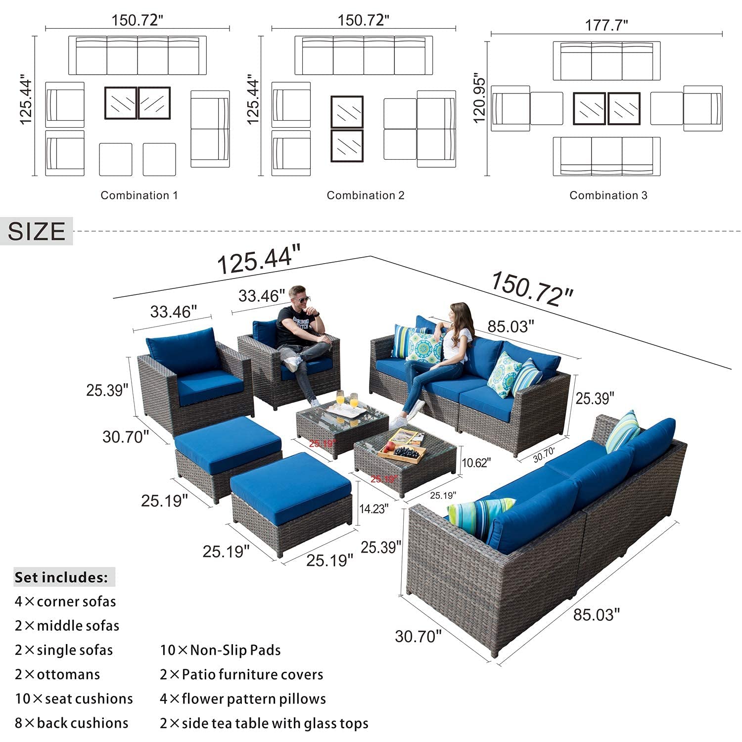 ovios Patio Furniture Set 12 Pieces Outdoor Conversation Set All Weather Wicker Rattan Sectional Sofa Sets with Thick Cushions Fully Assembled Furniture, Big Size, Grey Wicker, Navy Blue - WoodArtSupply