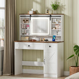 CLLASOU Farmhouse Makeup Vanity Desk with Sliding Mirror and Lights, Vanity Table with 2 Drawers & Shelves, Rustic Vanity Set with Lights Adjustable Brightness for Bedroom, White CLLASOU