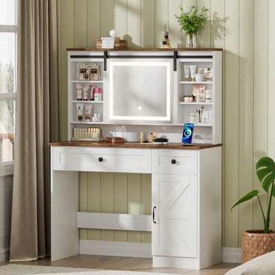 CLLASOU Farmhouse Makeup Vanity Desk with Sliding Mirror and Lights, Vanity Table with 2 Drawers & Shelves, Rustic Vanity Set with Lights Adjustable Brightness for Bedroom, White