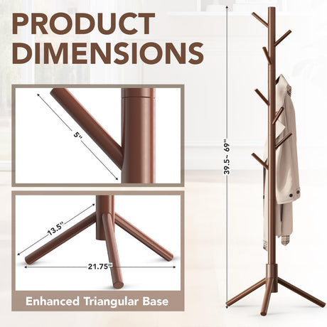 Hupmad Wooden Tree Coat Rack Stand,Sturdy Freestanding Coat Rack with 8 Hooks,3 Adjustable Height for Child Adult,Wood Coat Stand Tree Fits Entryway Bedroom Office for Bags,Hats Hupmad