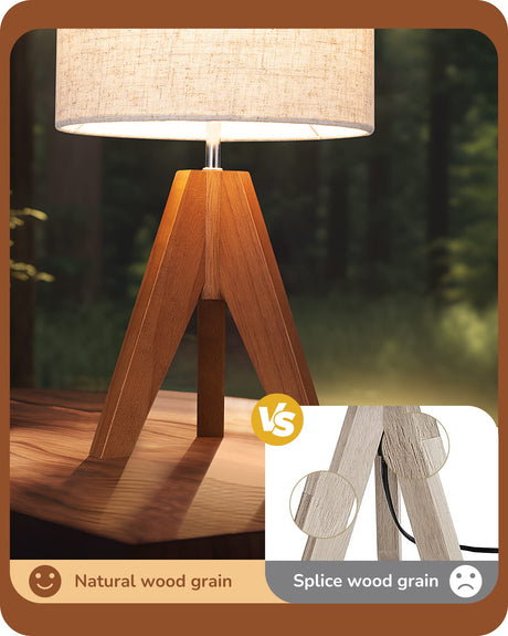 EDISHINE Tripod Table Lamp, Small Cute Bedside Lamp with Linen Beige Lampshade, Nightstand Lamp for Nursery, Bedroom, Kid Room, Living Room, Light Brown Wooden Base, E26 Socket, 14.2 Inch EDISHINE