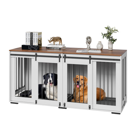 VEVOR 72"Dog Crate Furniture for 2 Dogs,Double Dog Crate Furniture with Double Sliding Doors,Large Dog Crate TV Stand with Removable Tray,Steel Frame Double Dog Crate for Small,Medium,Large Dogs White VEVOR