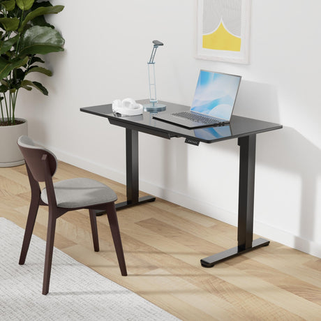 Marsail Glass Electric Standing Desk with Drawer, 48 x 24 Inches Height-Adjustable Desk, One-Piece Tempered Glass Top, Ergonomic Home Office Sit Stand Desk with 4 Preset Heights, Black Marsail