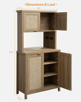 SICOTAS Rattan Pantry Kitchen Storage Cabinet: Tall Pantry Cabinet with Rattan Door, Steel Mirror, Power Outlet, Boho Large Freestanding Cupboard Wood Cabinet for Kitchen, Dining Room, Natural Oak SICOTAS