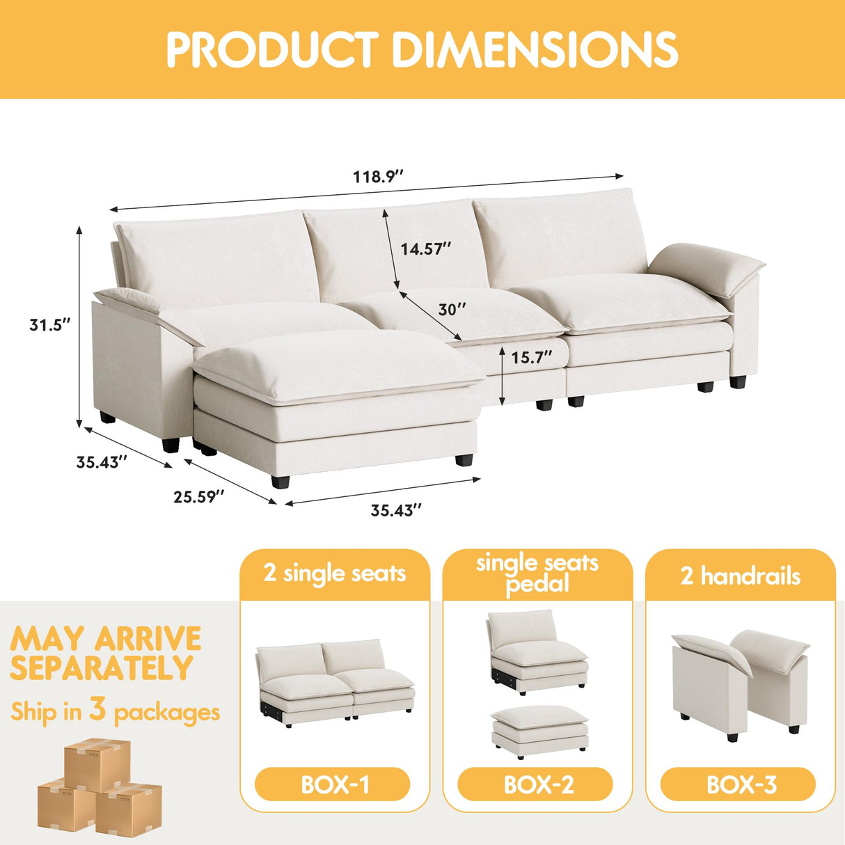 Homall Modular Sectional Sofa, Loveseat Sofa Couch with Reversible Ottoman, DIY Combination Chenille Deep Seat Cloud Couch for Living Room, Apartment (White, L Shaped Sofa) Homall