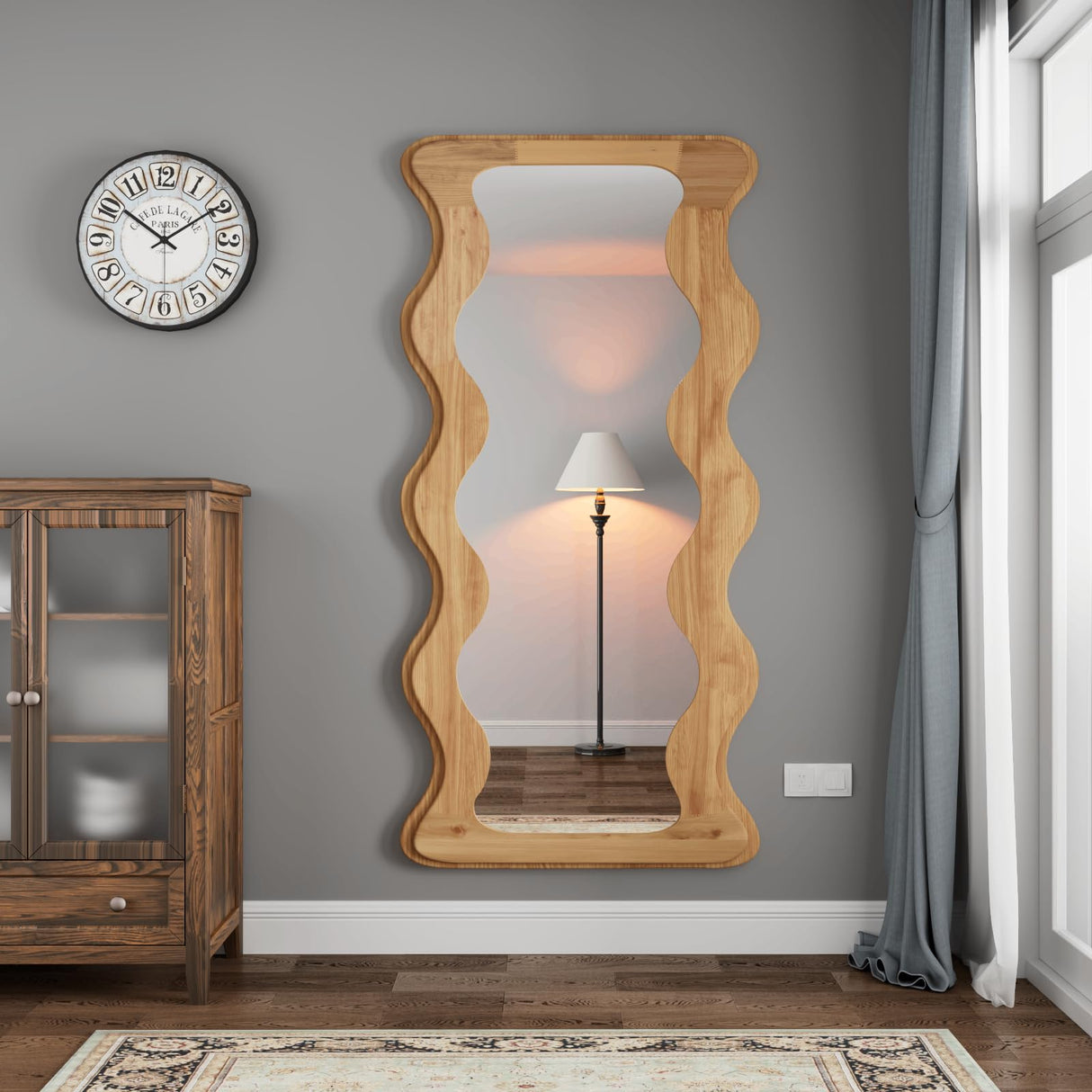 osemy 65" x 24" Full Length Mirror Wood Framed Wavy Full Body Mirror Shatter-Proof Mirror Hanging/Leaning Wall Mounted Wooden Mirror for Dressing Bedroom Living Room osemy