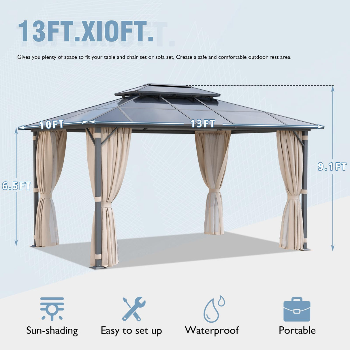Aoxun 10'x13' Hardtop Gazebo, Outdoor Polycarbonate Double Roof Gazebo with Aluminum Frame Permanent Pavilion and Curtains & Netting for Backyard, Patio, Deck, Parties (Brown) Aoxun