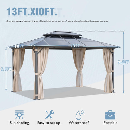 Aoxun 10'x13' Hardtop Gazebo, Outdoor Polycarbonate Double Roof Gazebo with Aluminum Frame Permanent Pavilion and Curtains & Netting for Backyard, Patio, Deck, Parties (Brown)