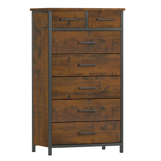 IKENO 7 Drawer Tall Dresser with Sturdy Metal Frame, Industrial Drawer Chest for Bedroom, Clothes Storage Cabinet - WoodArtSupply