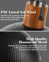 ELYONA 2 Pack Large Pendant Light Fixtures 16 Inch Hammered Metal Ash Wood Dome Ceiling Hanging Lamp, Industrial Kitchen Island Pendant Lighting for Farmhouse, Dining Room,Living Room, Black ELYONA