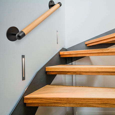 SELEWARE 26 Inch Wood Handrail Stair Handrail Drywall or Concrete Mount Handrail w/Sturdy Metal Base, Barrier-Free Staircase Grab Bar for Elderly, 1.3 Inch Round SELEWARE