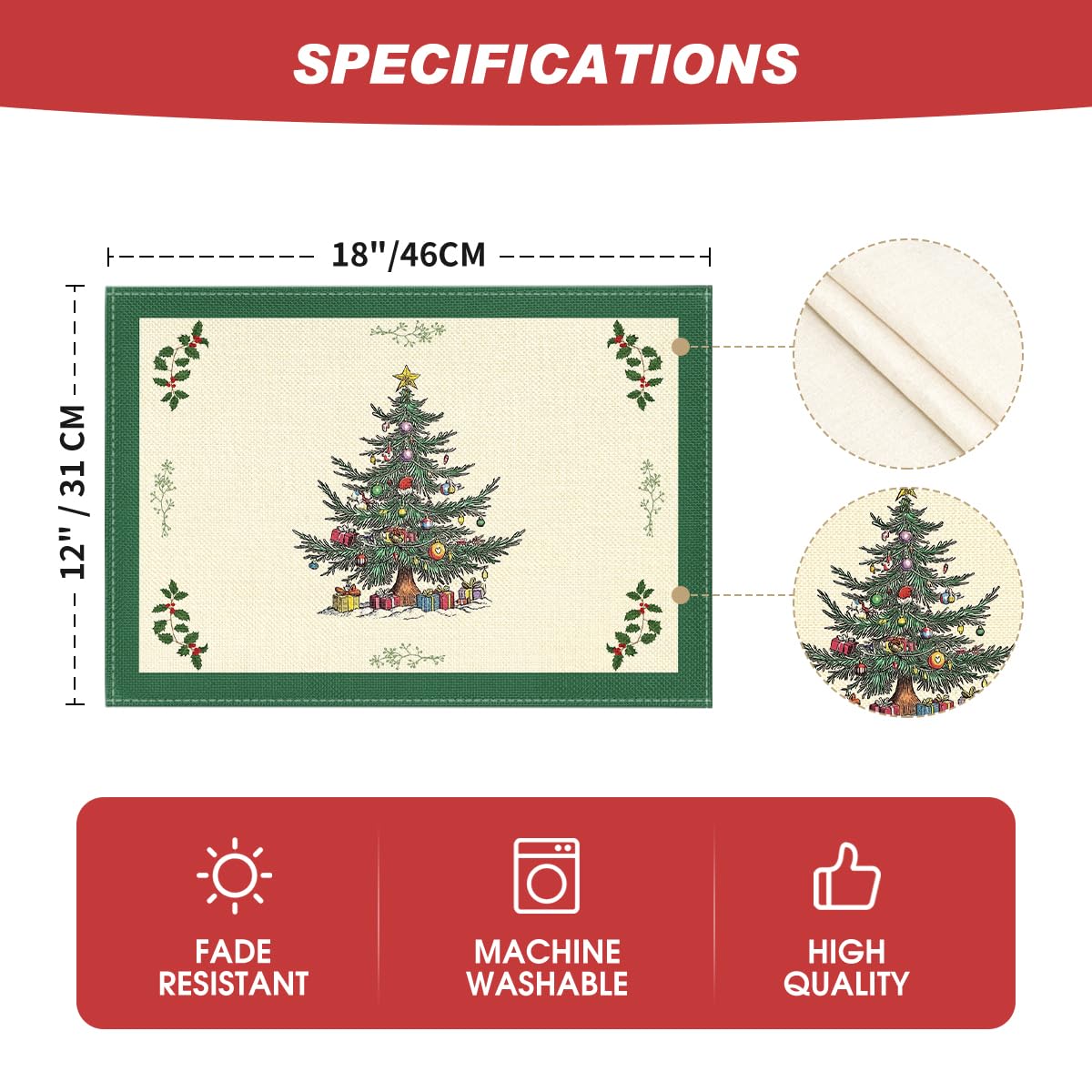 Artoid Mode Xmas Pine Winter Placemats Set of 4, 12x18 Inch Christmas Table Mats for Table Runner Party Kitchen Dining Decoration Artoid Mode